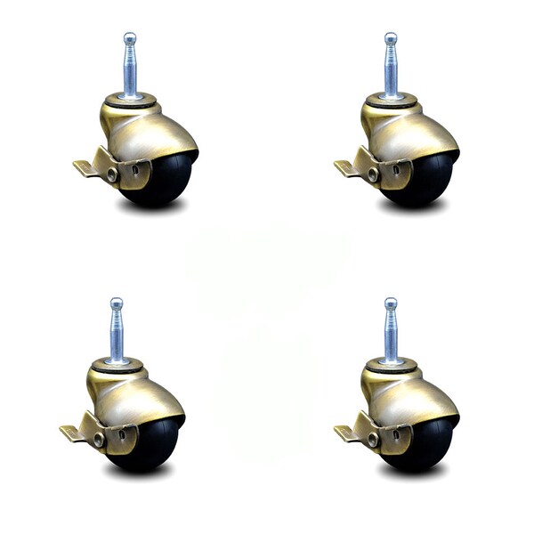 2 Inch Antique Brass Hooded Grip Neck Ball Casters with Brakes SCC, 4PK